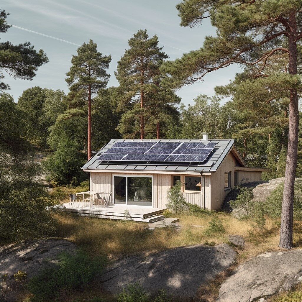 Hous in woods with solar panels (PV)